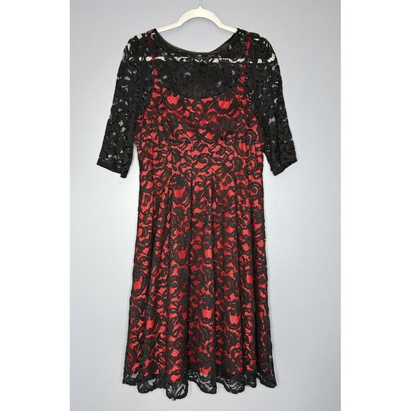 Adrianna Papell Dress Womens 12 Black Red Lace Overlay Fit & Flare Cocktail - Picture 1 of 13